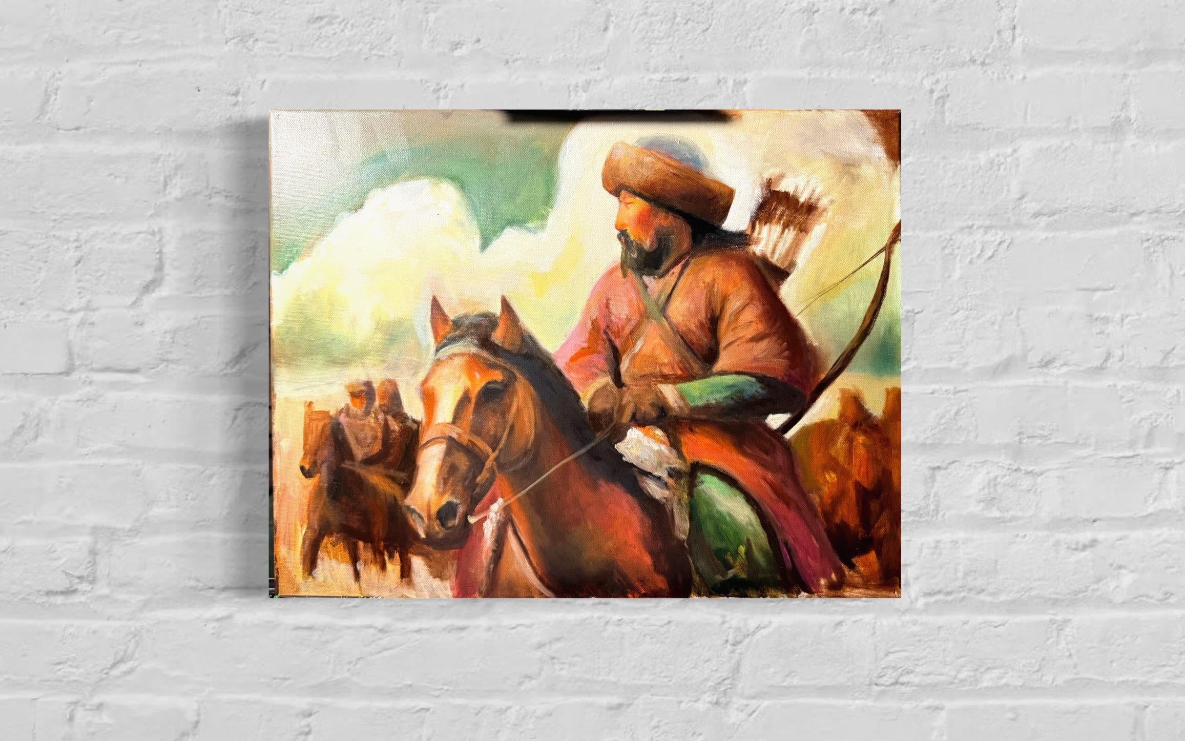 Genghis Khan on Horseback – Original Oil Painting, Mongol Warrior Art